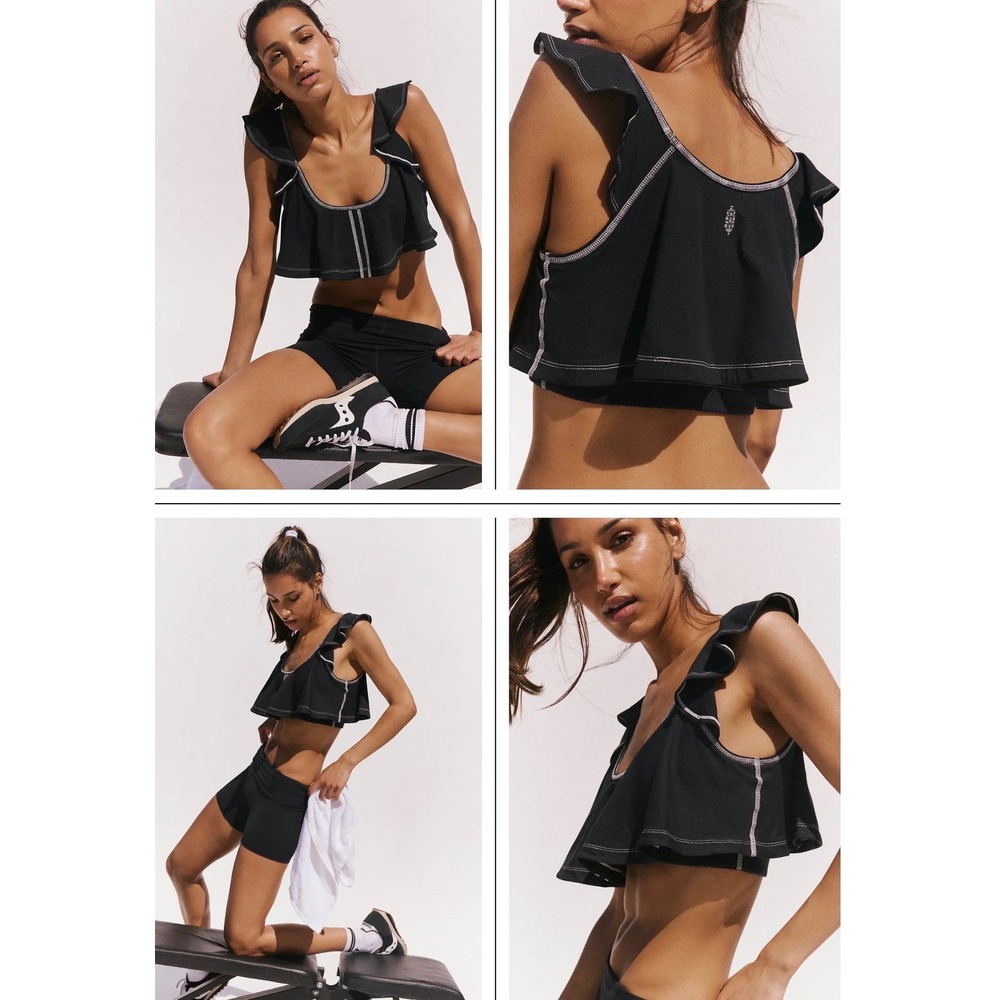 Free People Movement Off Duty‎ Flounce Tank Black Ruffle Athletic Crop M